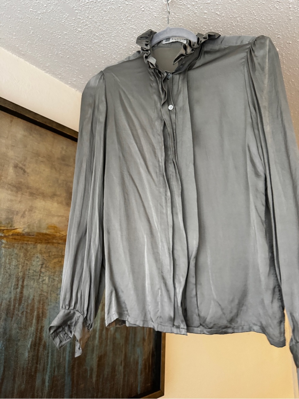Lanvin Slate Gray 100% Silk Ruffle-Neck Shirt Jacket - Picture 1 of 4